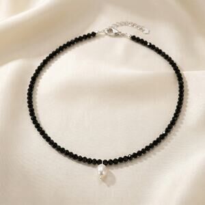 Vintage Black Onyx Bead Choker Necklace Real Pearl Drop Sterling Silver 13-15"